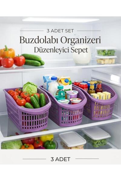 abnturk 3 Adet Mor Renk Buzdolabı Dolap Içi Düzenleyici Organizer Sepet Sağlı...