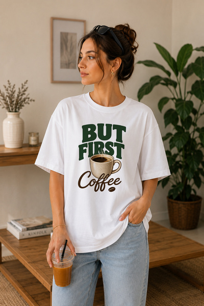 BAGAND تي شيرت فاخر مطبوع عليه But First Coffee للجنسين، مصنوع من القطن بنسبة...