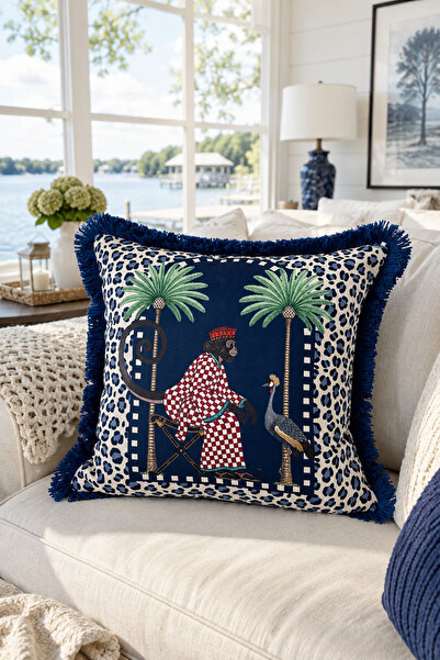 Pilloveland Husă de pernă cu franjuri 43*43 cm - Bleumarin Palm Royale