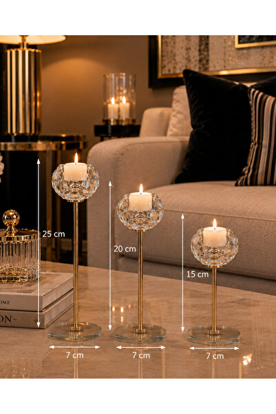 Hinora Kristal Model Şık Dekoratif 3Lü Şamdan Seti 15-20-25cm
