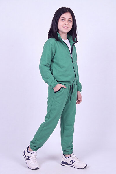 FYK KİDS Girl's High Collar Zippered Waist Tie Elastic Leg Sweatpants Set