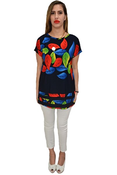 OEM Bluza casual, cu imprimeu de frunze multicolor, pe fundal bleumarin