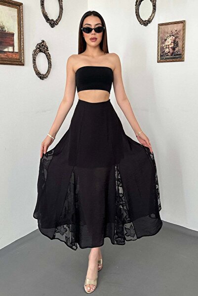 Clothes Fast Women's Long Skirt with Lace Detail and Flared Hem