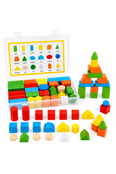 Stuniko Set Montessori 38 Corpuri Geometrice din Lemn – Forme Geometrice 3D C...