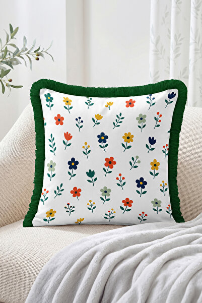 Realhomes Colorful Minimal Floral Motif Fringed Throw Pillow Cover - Bohemian...