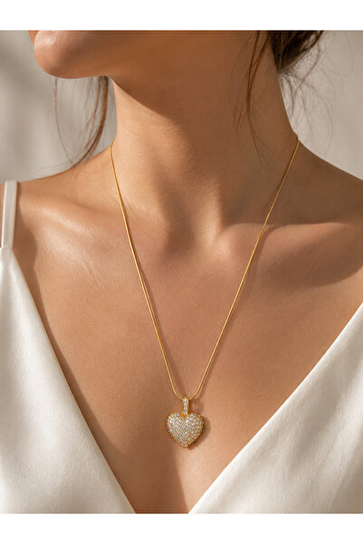 Bymiel Women's Gold Color Zircon Stone Heart Figured Steel Necklace – Elegant...