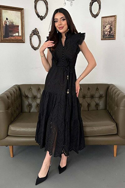 Clothes Fast فستان نسائي بني مزين بكشكشة وأزرار