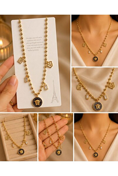 MARE BUTİK Gold Medusa Madalyon ve Charm Detaylı Kolye