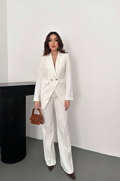 Moda Days Women's Ecru Jacket-Pants Set Double-Breasted Jacket Pants Set Plai...