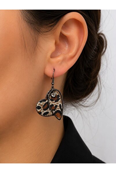 MARE BUTİK Leopard Pattern Heart Dangle Earrings