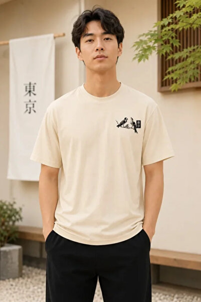 JANES Tricou oversize pentru bărbați, cu imprimeu floral Tokyo Bird, față și ...