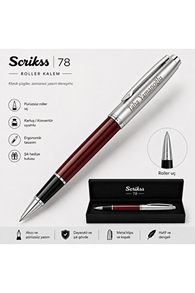 Scrikss İsme Özel Roller Kalem Bordo Hediye Paketli