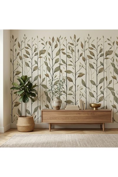 DecorDrive Bej Tonlarında Minimalist Soyut Bitki Çizimleri Duvar Kağıdı