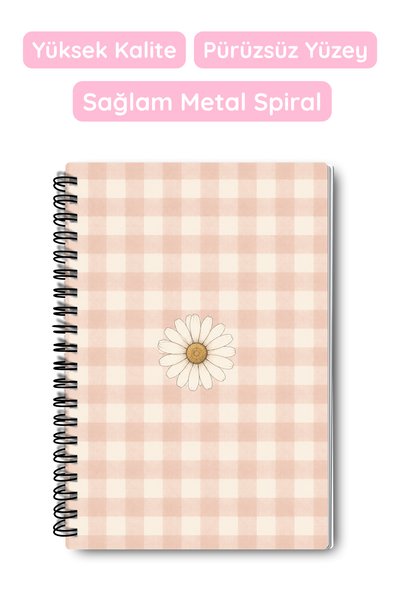 giftkonsept Pink Plaid and Single Daisy Motif A5 50 Sheets 100 Pages Spiral Bound Unlined Notebook