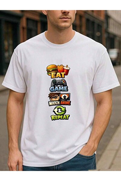 21JNRY "Eat Play Watch Anime - Loop" Homebody Fun Style Solid-Color T-Shirt, ...