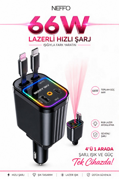 NEFFO 66W Led Işık Tavan Aydınlatmalı 4IN1 Çift Kablolu Hızlı Şarj 3.4A Araç ...