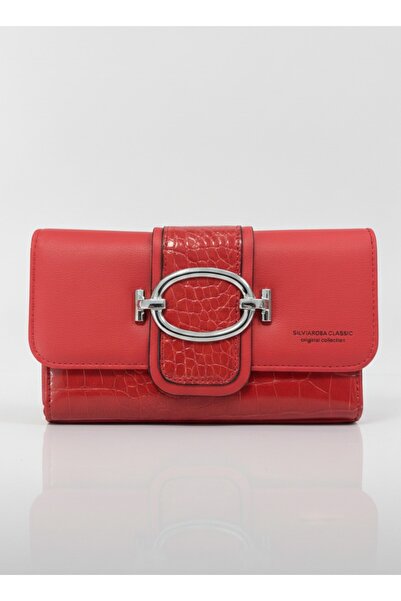 SilviaRosa Women's Crossbody Wallet Bag Eco Leather 20x12x5cm Croco Red Metal...
