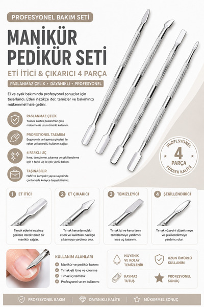 BİYUTREND 4lü Manikür Pedikür Seti 4 Parça Tırnak Eti İtici Çıkarıcı Paslanma...