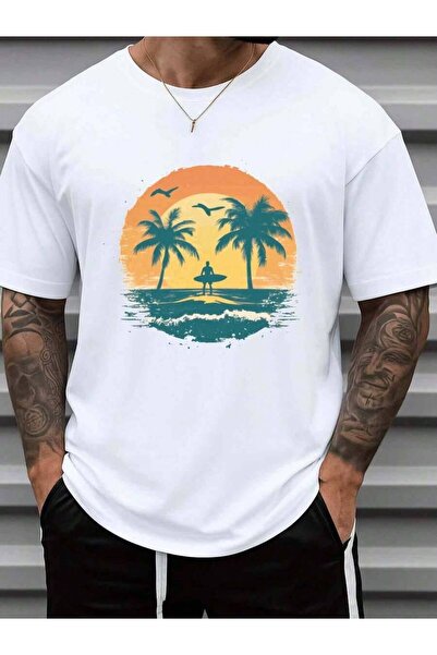 29CUN Men'S T-Shirt Featuring Surf Sunset Palm Trees, Made From 100% With Wei...