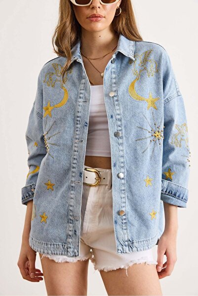 Sep Butik Moon Star Embroidered Beaded Shirt Jacket Blue
