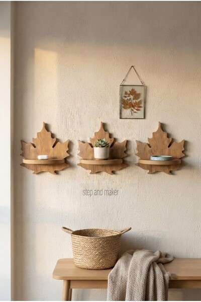 Step and Maker Raft decorativ din lemn cu model frunze de platane, set de 3