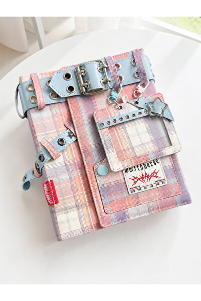 Kawaii Plaid Metal Detailed Denim A5 Binder Pastel Pink Blue