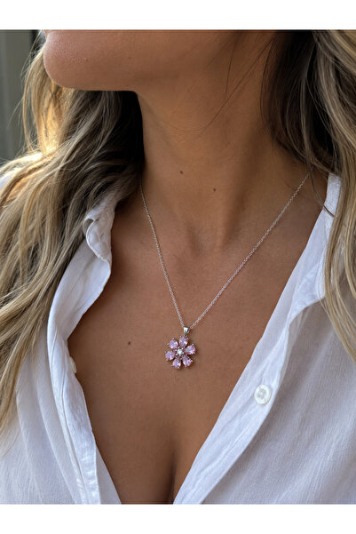 TAKIPORT Silver Color Pink Zircon Stone Flower Figured Women's Necklace