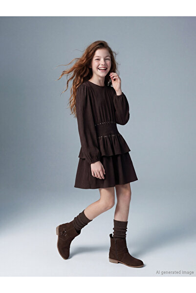 LC Waikiki Original Oval Collar Ruffled Stone Detailed Girls' Dress