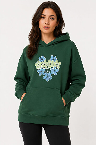 herkesemoda Heart Flower Printed Hooded 2 Thread Threaded Sweatshirt