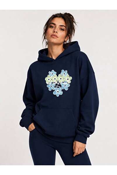 herkesemoda Heart Flower Printed Hooded 2 Thread Threaded Sweatshirt