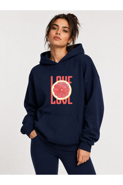 herkesemoda Orange Slice Printed Hooded 2 Thread Threaded Sweatshirt