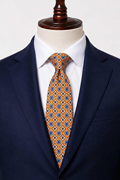 Kravatkolik Orange Motif Patterned Italian Silk Tie İk2542