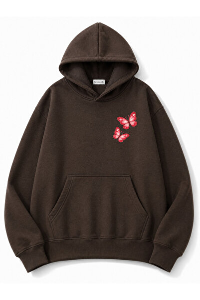 herkesemoda Butterfly Printed Hooded 2 Thread Threaded Sweatshirt