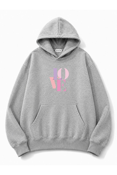 herkesemoda Love Printed Hooded 2 Thread Threaded Sweatshirt