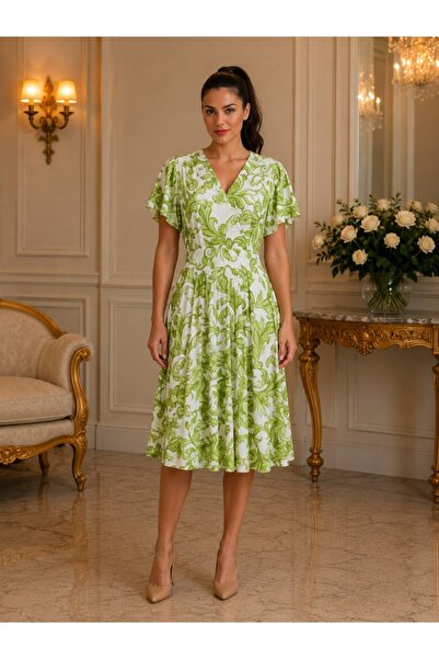 OEM Rochie Damă Midi cu Imprimeu Floral Verde și Mâneci Vaporoase