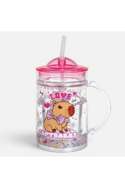 AVA Pahar din Plastic cu Pai si Maner Capybara, Pereti Dubli cu Confetti, 220 ml