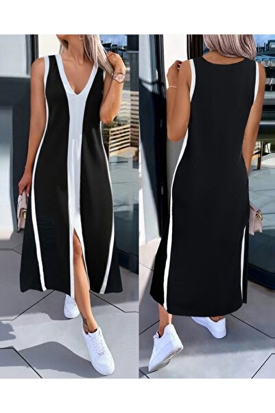 UFC 1985 TOP BRAND Women's Strappy V-Neck Double Color Striped Front Slit Lon...