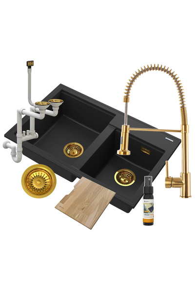 Granitan Set Chiuveta Granit HEKTOR, 800x500mm, 2 cuve, negru/auriu, Baterie ...