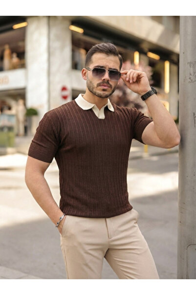 pazarella Men's Collar Detailed Patterned Textured Knitwear T-Shirt