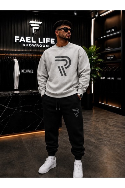 FAEL LİFE Unisex Wide Cut Zero Neck and Sweatpants R Printed Set