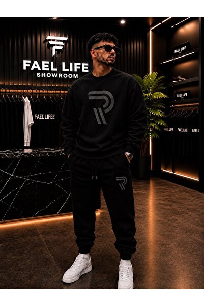 FAEL LİFE Unisex Wide Cut Zero Neck and Sweatpants R Printed Set