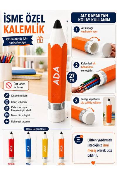 esatoys İsme Özel Kalem Şeklinde Kalem Kutusu 27 cm Renk Seçenekli Okula Dönü...