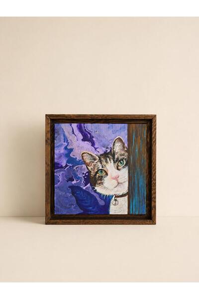 ÇERÇEVELİ ORJİNAL AKRİLİK BOYA TABLO 20X20 TUVAL (KEDİ)