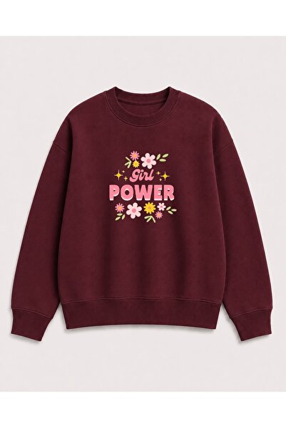 herkesemoda Power Girl Floral Print Detailed Shirred 2 Thread Crew Neck Sweat...