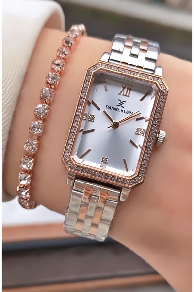 Daniel Klein Rose Silver Color - Rectangular Case Women's Wristwatch - with B...