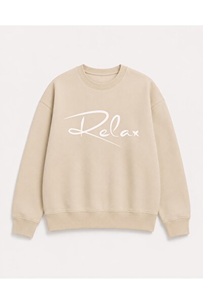 herkesemoda Relax Lettering Print Detailed Embroidered 2 Thread Crew Neck Swe...