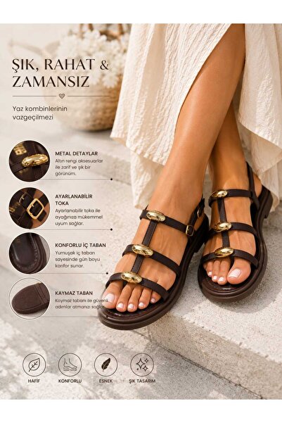 Acarbey Tarhan Gold Accessory Detailed Women's Sandals Brown