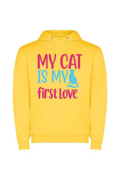 iLovePrints Feline Affection: My First Love Φούτερ με κουκούλα σε χρώμα Κίτρινο