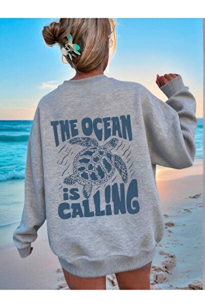 herkesemoda The Ocean Gray 2 Thread Raster Crew Neck Sweatshirt with Back Print