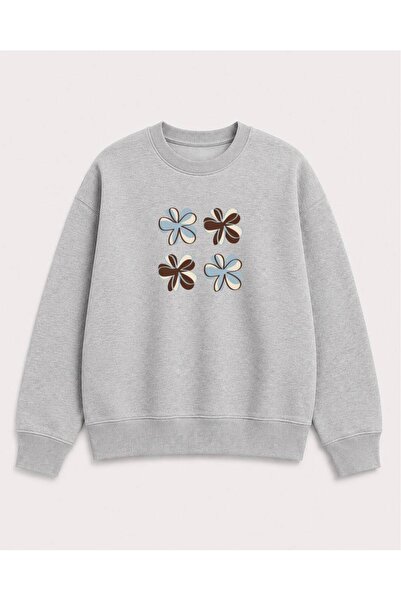 herkesemoda Floral Printed 2 Thread Threaded Crew Neck Sweatshirt